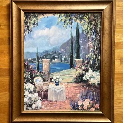 Signed Oil on Canvas Seaside Garden Veranda 