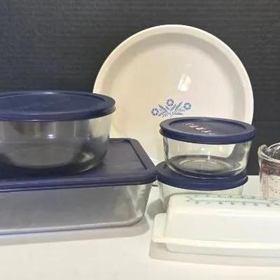Blue And White Corning Ware Pie Plate, Pyrex Butter Dish, Storage Containers With 1 Cup Measuring 