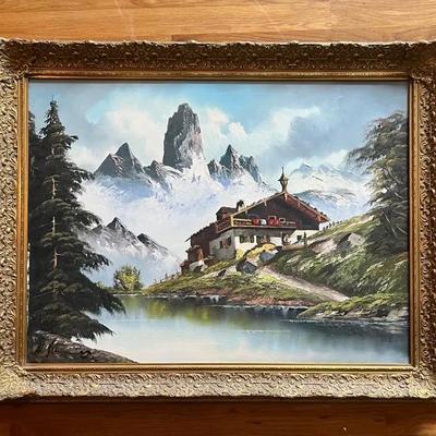 Signed Oil on Canvas Alpine Landscape with Chalet