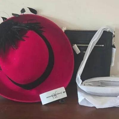Jenny Buchanan Red Hat With Black Velvet/Feathers, Coach Swingpack Purse