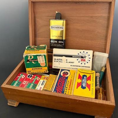 Small Wooden Treasure/Trinket Box With Vintage Ammunition, Etc. 