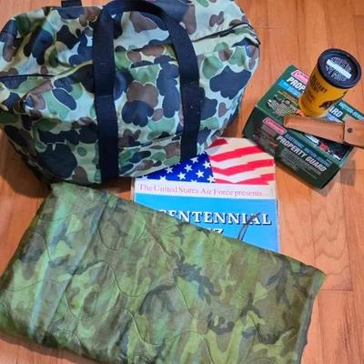 (2) Camouflage Duffel Bags, Cover Poncho With New Coleman Property Guard, Includes US Army Records