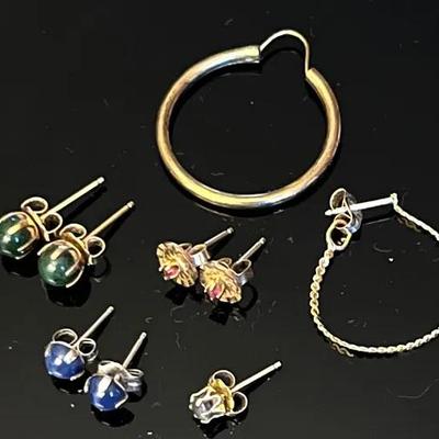14K Yellow Gold Stud Earrings with Jade, Ruby, Linde Star, Aquamarine and Two 14K Hoop Earrings