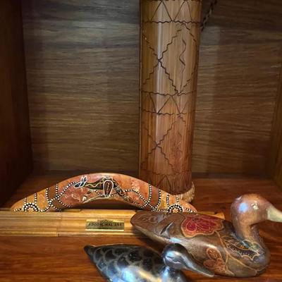 Aboriginal Wood Collectibles with Porcelain Ducks