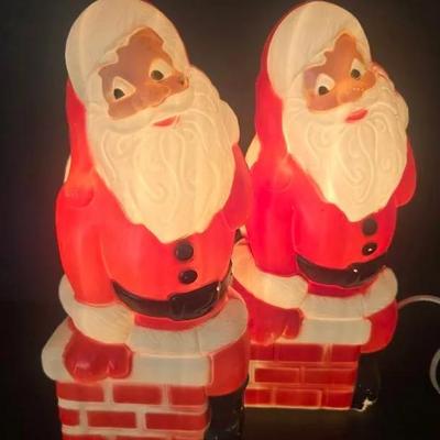 Two Vintage Santa & Chimney Lighted Blow Molds