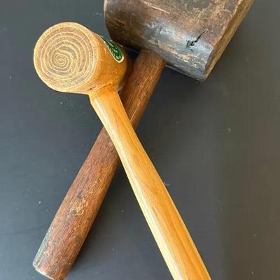 Pair (2) Hammers/Mallets With Garland Rawhide & Large Handmade Wooden Piece