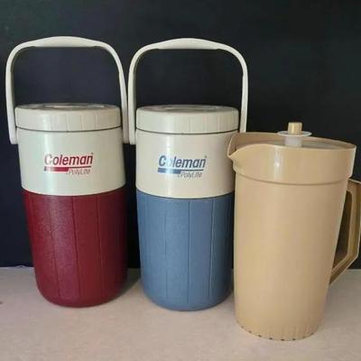 Two Vintage PolyLite Coleman Jug Coolers And Tupperware Pitcher