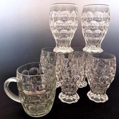 Vintage Heisey "Whirlpool" Footed Tumblers or Iced Tea Glasses (6) W/ Ravenhead Beer Muge