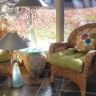 Sale Photo Thumbnail #314: Wicker Set and Pair of frosted Glass Lamps