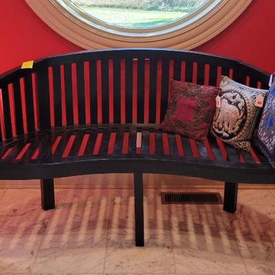 Sale Photo Thumbnail #94: Curved Black Bench with Beaded Accent Pillows