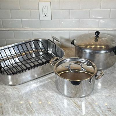 (3pc) All-Clad Heavy Roasting Pan And Two Pots | Roasting Pan includes a black removable rack, All-Clad pot with top and Farberware pot...