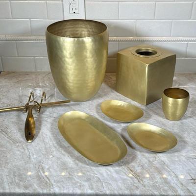 (7pc) Gold Toned Hammered Metal Bathroom Accessories | Including Kleenex cover, wastepaper basket, two soap dishes, cup, long dish and...