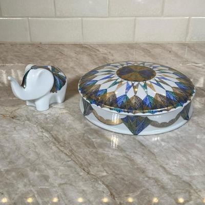 (2pc) Porcelain Covered Dish And Elephant Figurine By De Monaco | With mosaic design in gold, blue and green on both pieces. Covered dish...