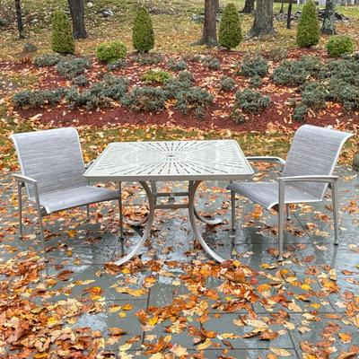 (5pc) Silver Metal Patio Set | With fabric covered chairs. Dimensions: h. 27.5 x w. 42 x l. 42 in (table, chair: 33 in h)
