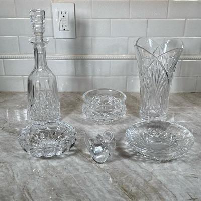 (6pc) Assorted Crystal and Cut-Glass Pieces | Including 3 low bowls, decanter and top, bird made in Sweden and vase with wording from a...