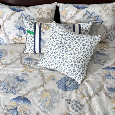 (5pc) Queen Size Comforter And Matching Pillows Set By Eastern Accents | In muted shades of taupe and blue. Beige piping around edge of...