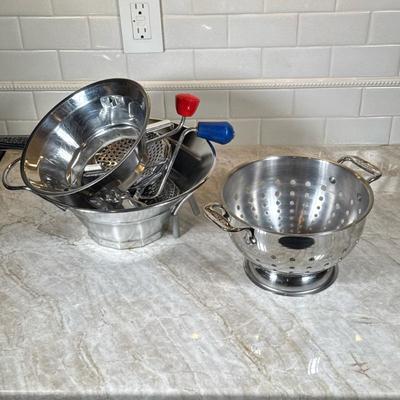 Colander And Vegetable Grinder Set By Mcina-Legum | Colander is by All-Clad and the Grinder set has many attachments. Dimensions: h. 6 x...
