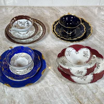 (12pc) Mixed German China | 4 teacups, 4 saucers, and 4 dessert plates, from various German porcelain makers, including Scherzer and...
