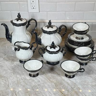 (22pc) Rosenthal Silver Overlay Coffee/Tea Pot Set | Set includes: Tea pot, coffee pot, creamer and sugar, 6 cups and saucers and 6...
