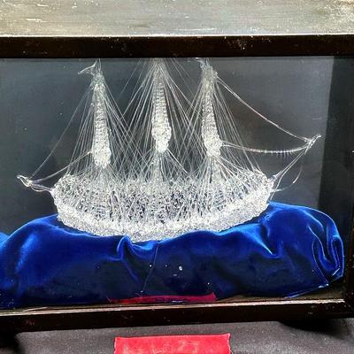 AZ602J Hand Blown Spun Glass Ship W/ Display Case