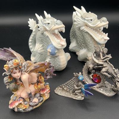 AZ640J Japanese Porcelain Dragons And Fairy With Orb Statue