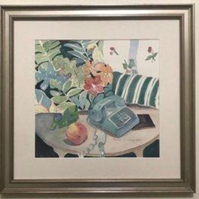 Watercolor Painting Of Still Life Signed Framed Old Fashion Phone By Sandra Gregory