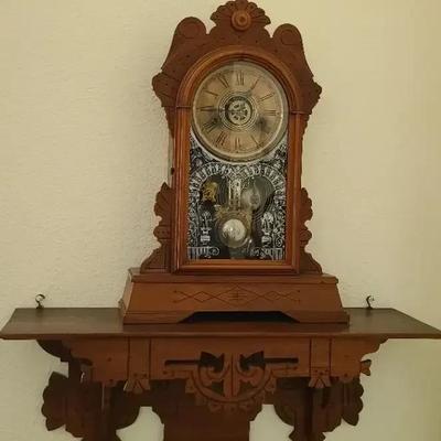 Antique Mantel Clock With Carved Display Shelf