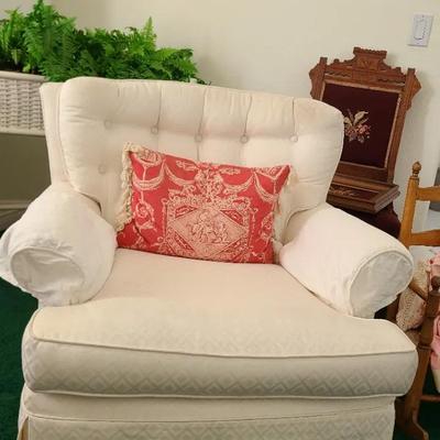 White Club Chair With Geometric Pattern