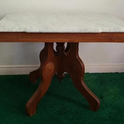 Lovely Little Low-Top Table With Magnificent Marbled Surface On Wood Base