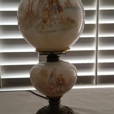 Double Orb Lamp With Columbus Landing Scene
