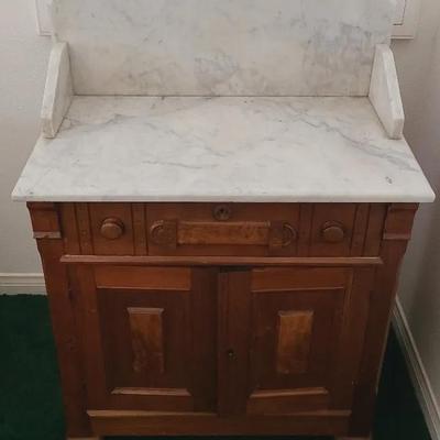 Warm Wood-Base Washstand/Dry Sink With Magnificent Marbled Top