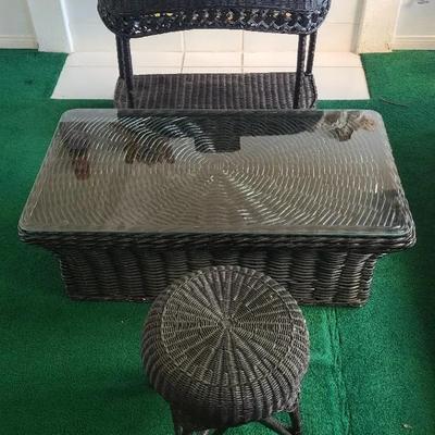 Black Wicker Trio: Sofa Table, Glass Top Coffee Table And Side Table