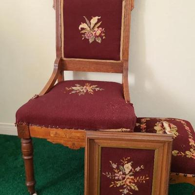 Needlepoint Covered Chair Footstool And Framed Art