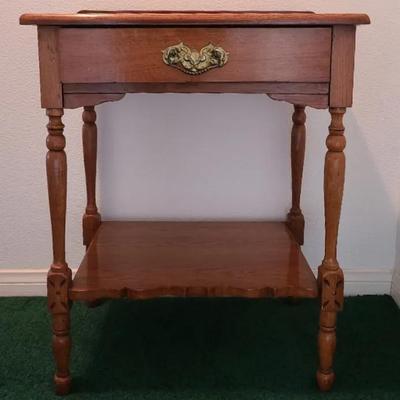 Wooden Side Table With Brass Tone Accents