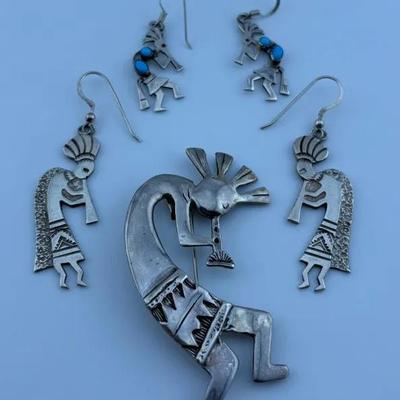 Sterling Silver Southwestern Kokopelli Earrings & Brooch