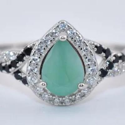 Natural Unheated Pear Emerald & Black Spinel Sterling Silver Ring