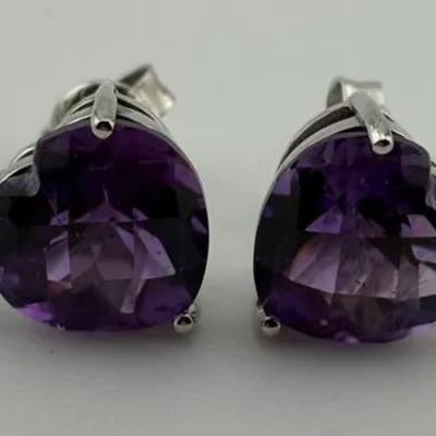 Sterling Silver 5 TCW Amethyst Heart Stud Earrings