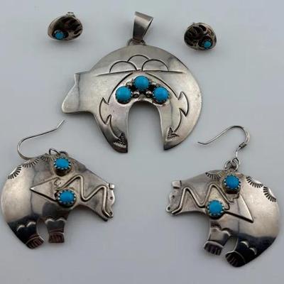 Sterling Silver Southwestern Bear Turquoise Jewelry Set
