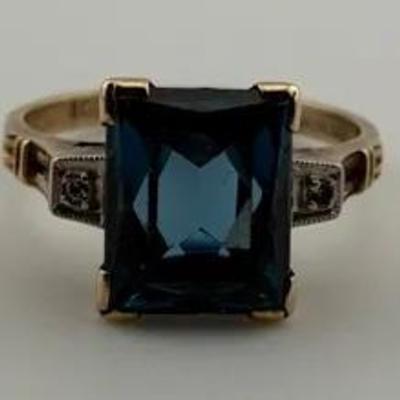 10k Yellow Gold Vintage Art Deco 3 Carat London Blue Topaz Ring