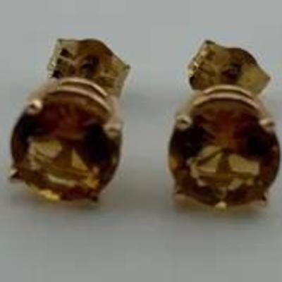 14k Yellow Gold 1.3 TCW Round Citrine Stud Earrings