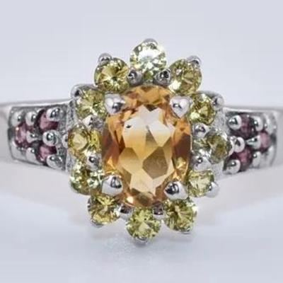 Natural Unheated Oval Citrine, Garnet & Sapphire Sterling Silver Ring - VVS to IF