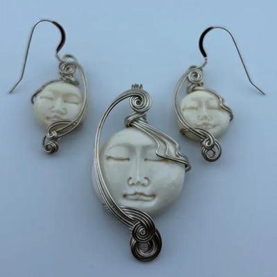 Silver Carved Bone Moon Face Pendant & Earrings
