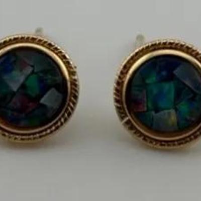 14k Yellow Gold Mosaic Opal Earrings