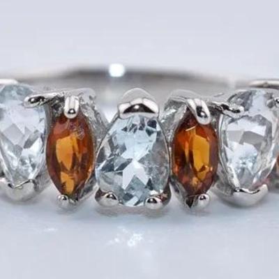 Natural Unheated Aquamarine & Citrine Sterling Silver Line Ring - VVS to IF