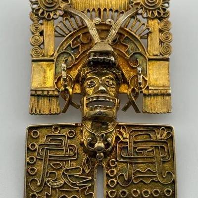 Sterling Silver Gold Vermeil Mexican Aztec Pendant / Brooch