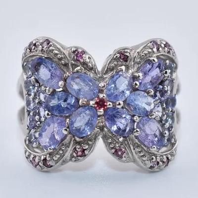 Natural Unheated Tanzanite & Rhodolite Garnet Sterling Silver Ring - VVS to IF