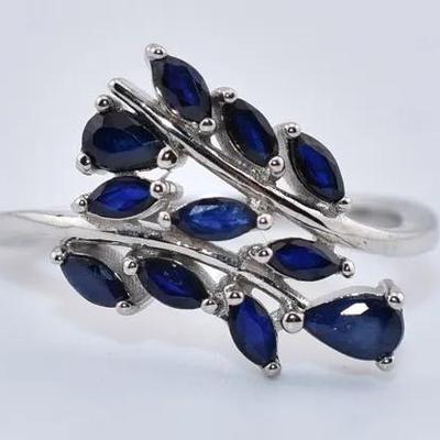 Natural Blue Sapphire Leaf Sterling Silver Ring - Possibly Treated