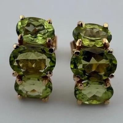14k Yellow Gold Tri 3.2 TCW Peridot Earrings