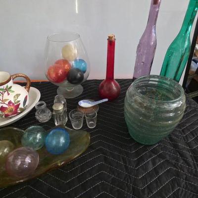 Assorted Glass Balls Vases Bottles And Water Pitcher