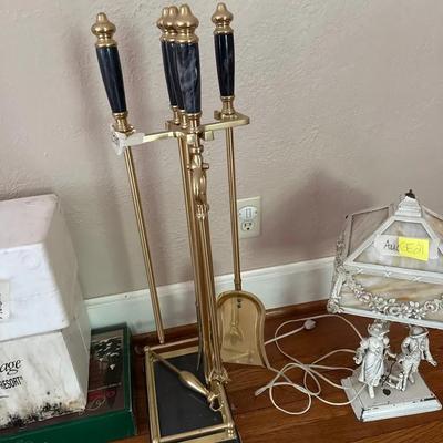 Vintage Fireplace Tools Set With Marble Handles 